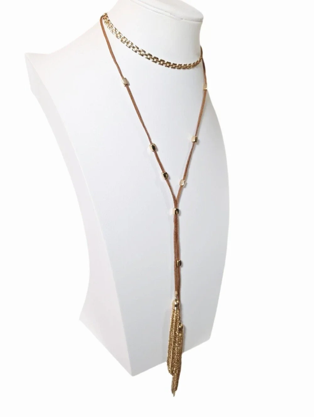 Layered Brown Suede and Gold Tassel Choker Lariat Necklace